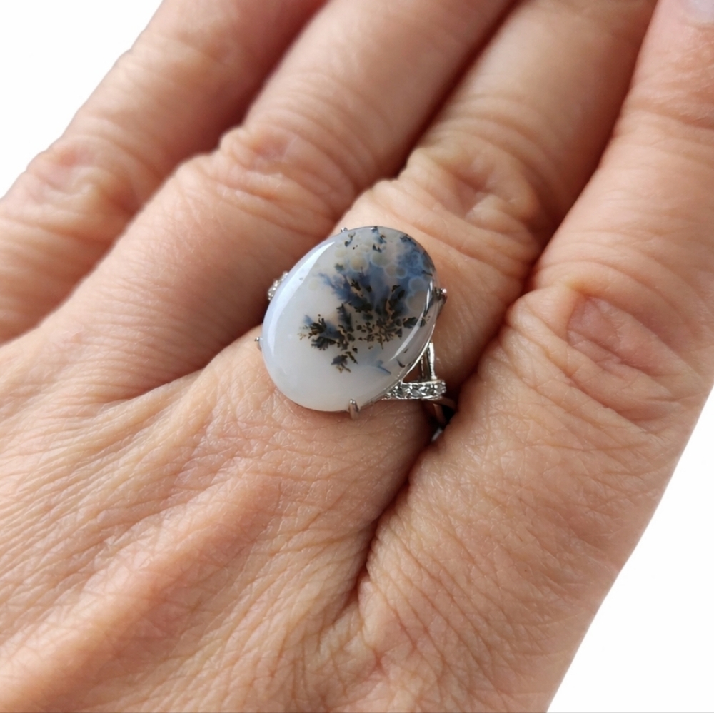 S925 Dendritic Blue agate ring adjustable size band